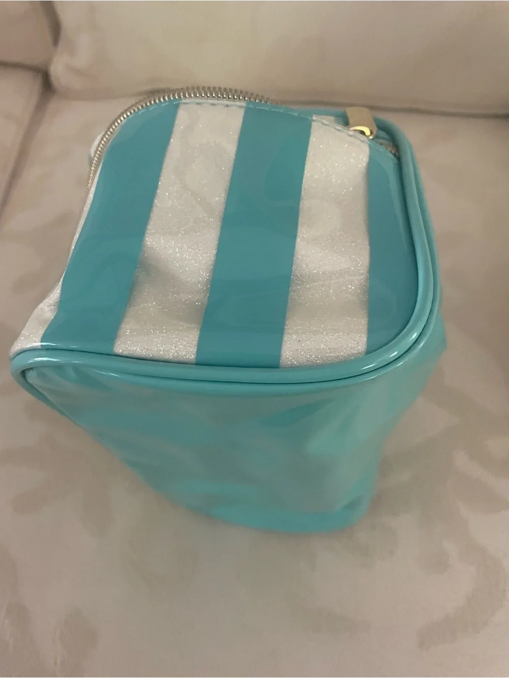 Beautiful Striped Cosmetic Bag - Turquoise and White